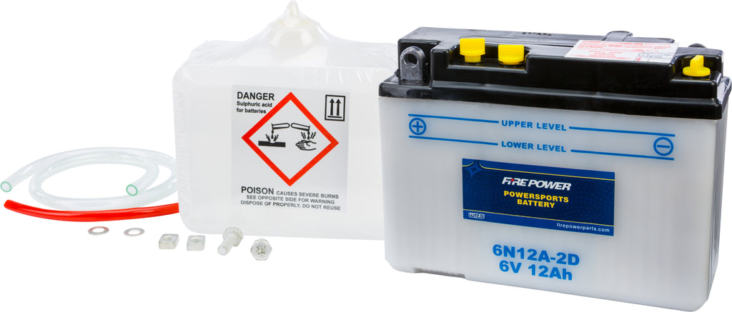 Fire Power 6V 6N12A-2D car battery with acid, compact and durable for automotive use, shown on a plain background.