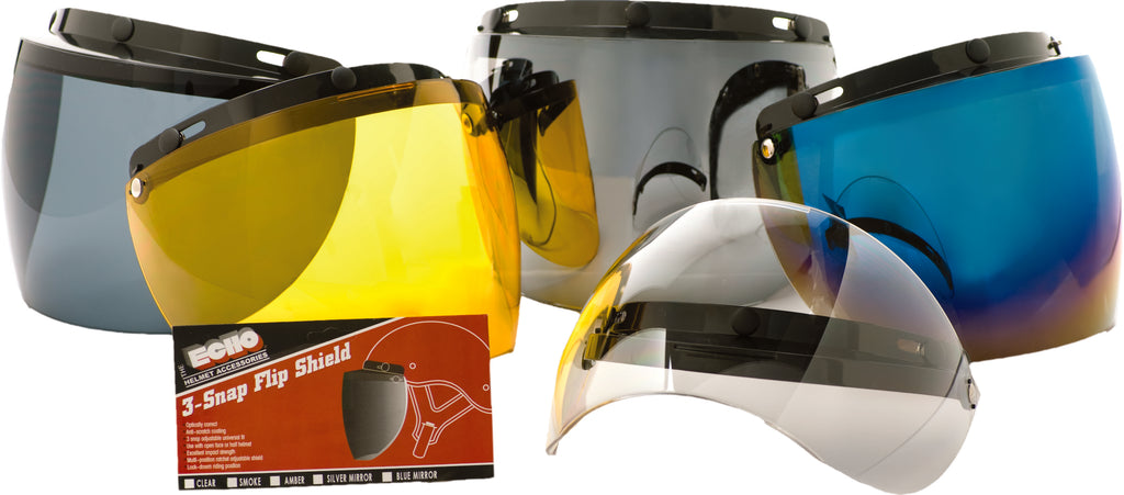 ECHO 3-snap flip shield with blue mirror lens, designed for safety helmets, showing the shield flipped up and down.