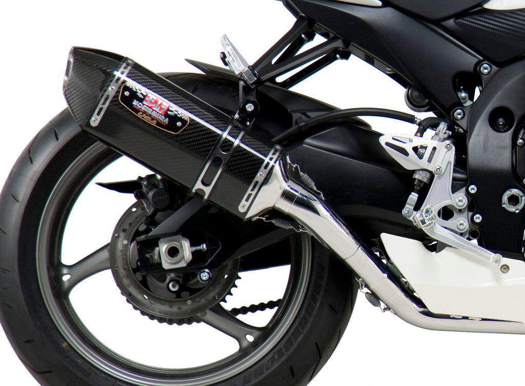 Yoshimura Race R-77 full exhaust system with stainless steel and carbon fiber components, designed for high-performance motorcycles.