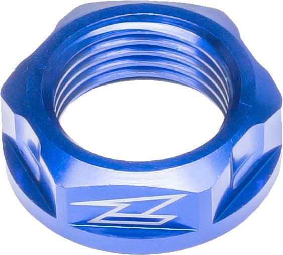 Blue DRC street axle nut M22x32-P1.5 H12l, designed for motorcycle axles, with detailed threading and brand markings.