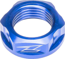 Load image into Gallery viewer, Blue DRC street axle nut M22x32-P1.5 H12l, designed for motorcycle axles, with detailed threading and brand markings.