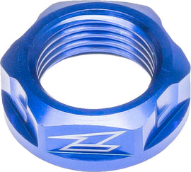 Blue DRC street axle nut M22x32-P1.5 H12l, designed for motorcycle axles, with detailed threading and brand markings.