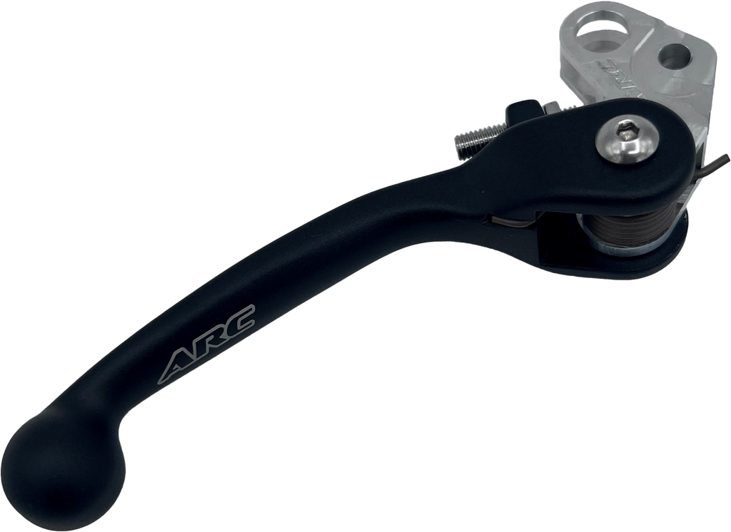ARC aluminum clutch lever for motorcycles, showcasing the sleek, lightweight design with a textured grip and mounting hardware.