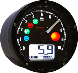 Koso North America T & T Multi Function Meter in black showing digital display and control buttons.