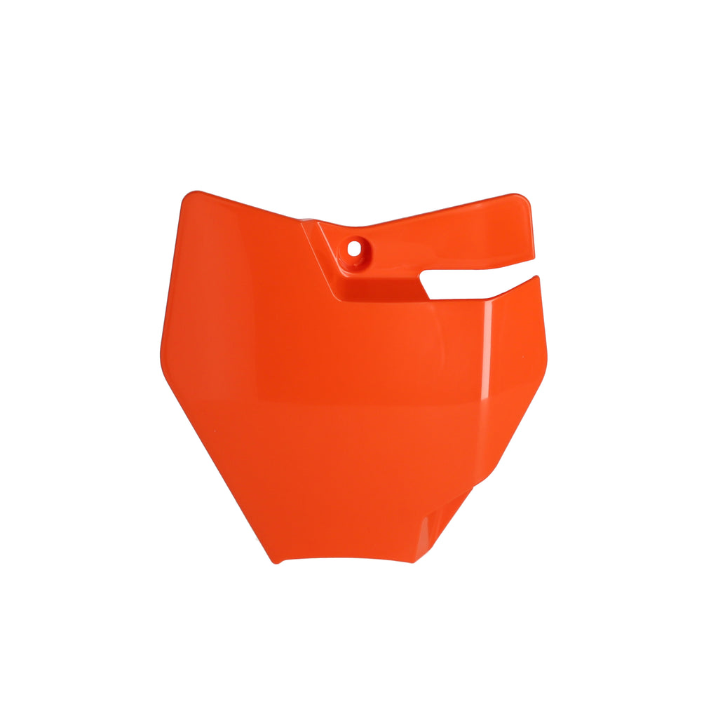 Acerbis orange front number plate for KTM dirt bike, body style, with mounting holes, designed for off-road motorcycle racing.