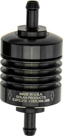 Golan Inc Mini Fuel Filter in black with 5/16 inch barb fitting, designed for intake and fuel system applications.