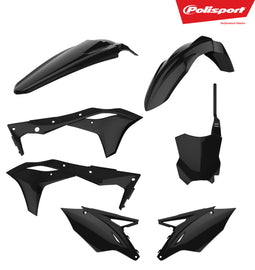 Polisport Plastics black plastic body kit for motorcycles, featuring durable, lightweight design with multiple panels and sleek finish.