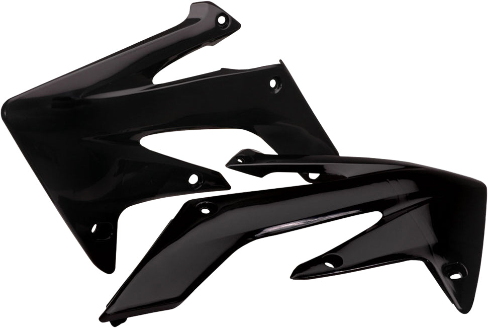 Black Acerbis radiator shrouds for motorcycles, featuring a sleek design with mounting points and brand logo visible.