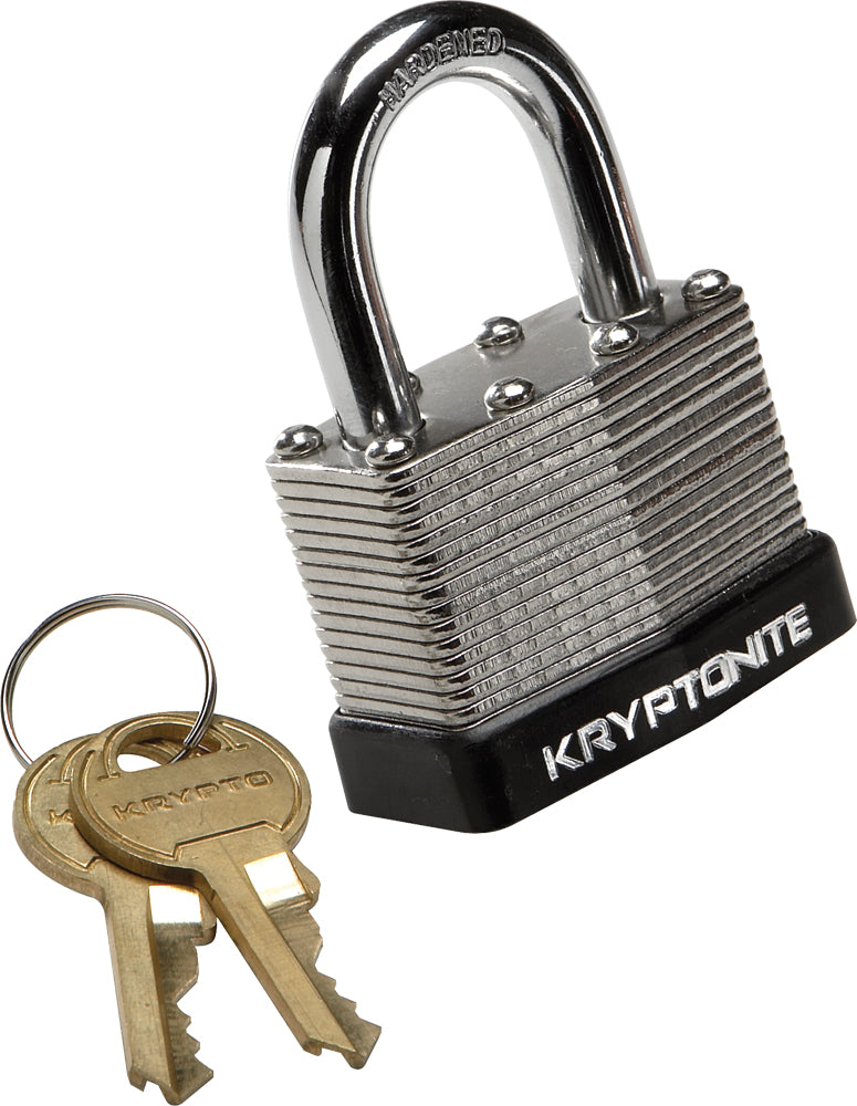 Kryptonite Locks 4mm padlock showing a durable metal body and keyhole, designed for security and theft prevention.