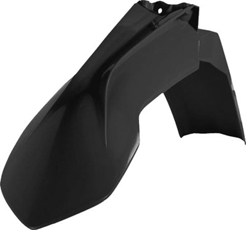 Acerbis black front fender for motorcycle, showing its sleek curved design and durable plastic construction.