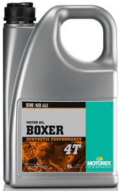 Motorex Boxer 5W40 4T motorcycle engine oil in a 4-liter container, part of a 4-pack, with label and cap visible.