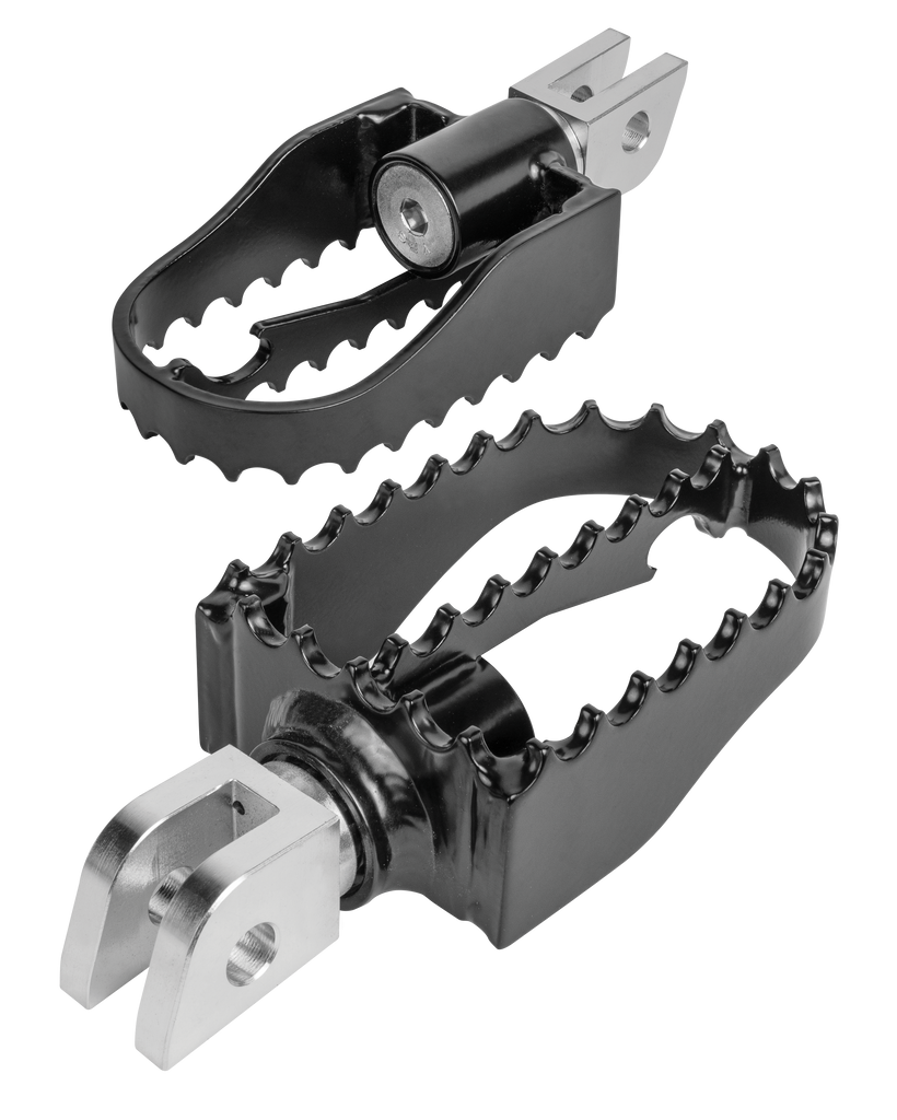 Burly Brand MX style black foot pegs for motorcycle foot controls, featuring tri-prong design and durable construction.