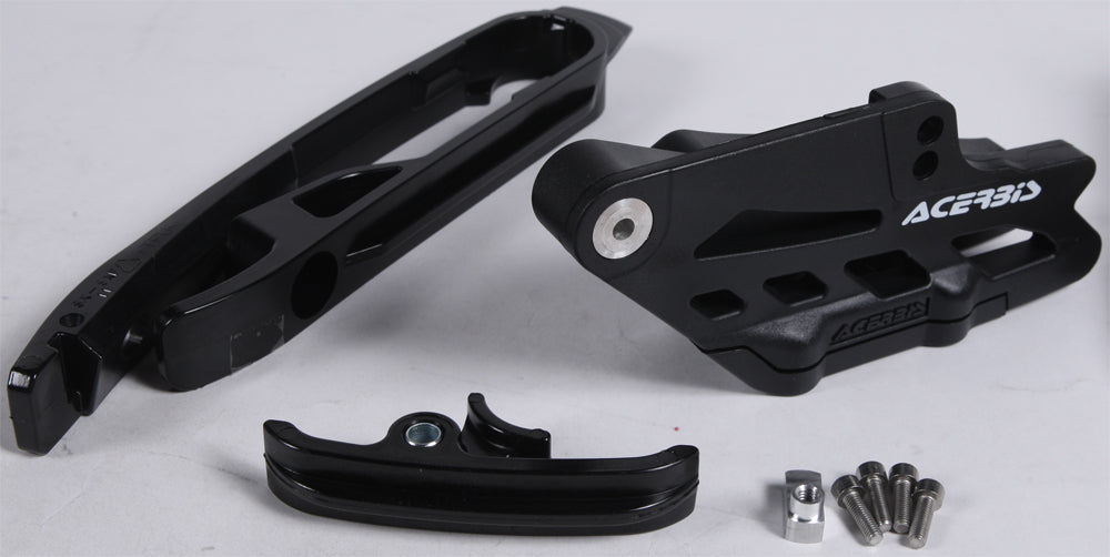 Acerbis black chain guide and slider for motocross bikes, showing the durable plastic component with mounting hardware.