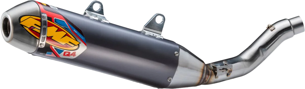 FMF Racing Q4 Hex Muffler Tri exhaust for motorcycles, showing the black metal exhaust with FMF branding and hexagonal design.