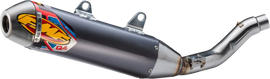 FMF Racing Q4 Hex Muffler Tri exhaust for motorcycles, showing the black metal exhaust with FMF branding and hexagonal design.