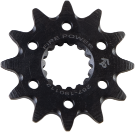 Steel Fire Power 12-tooth front CS sprocket for motorcycle, shown in black with visible teeth and mounting hole details.