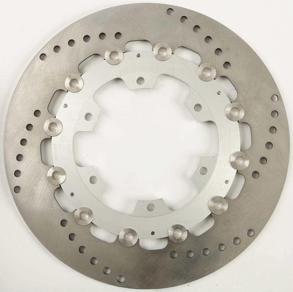EBC Motorcycle Brakes standard brake rotor with vented design and metallic finish, shown mounted on a motorcycle wheel.