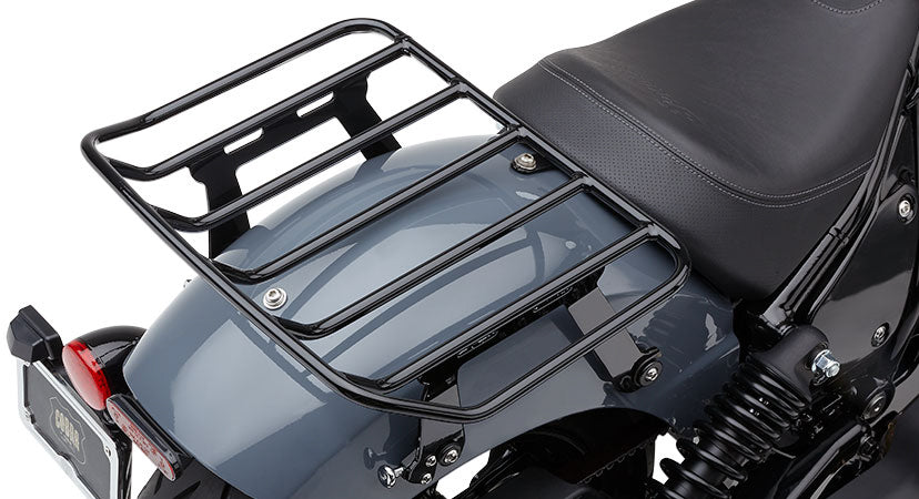 Cobra Detach Big-A luggage rack in black, designed for Chief 22-25 models, shown mounted on the body of a motorcycle.