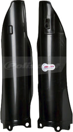 Polisport Plastics black fork guards for motorcycle, showing durable plastic body and mounting points on motorcycle forks.