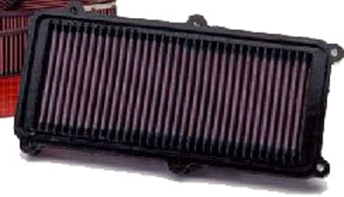 K&N Air Filter 737598 for vehicles, showing a cylindrical air filter with pleated cotton media and rubber frame.