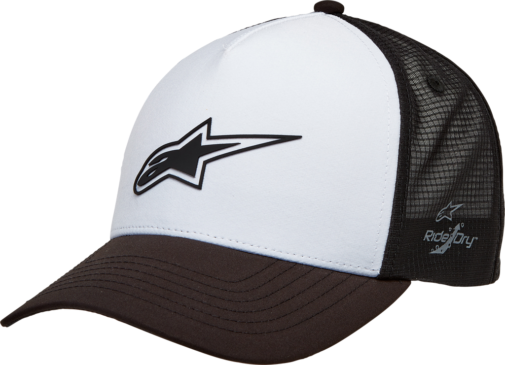 Alpine Star Advantage Tech Trucker hat in white and black with adjustable strap and embroidered logo on front.