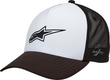 Load image into Gallery viewer, Alpine Star Advantage Tech Trucker hat in white and black with adjustable strap and embroidered logo on front.