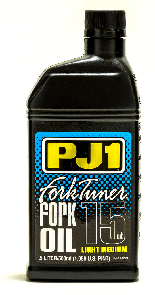 PJ1 Products Fork Tuner Oil 15W, 0.5L bottle, featuring the yellow and black packaging for motorcycle fork maintenance.