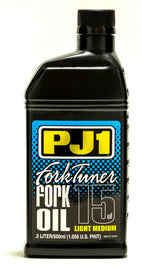 PJ1 Products Fork Tuner Oil 15W, 0.5L bottle, featuring the yellow and black packaging for motorcycle fork maintenance.