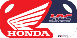 DCOR Honda pit board accessory with DCOR branding, featuring a red and black design with printed information and logo.