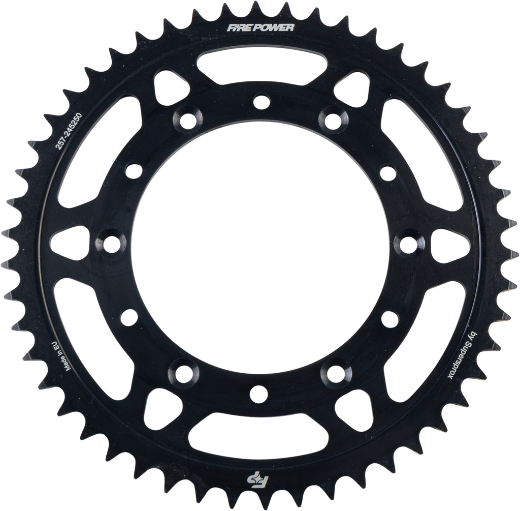 Steel Fire Power 50-tooth rear sprocket with black finish, featuring evenly spaced teeth and sturdy construction for motorcycle or bike use.