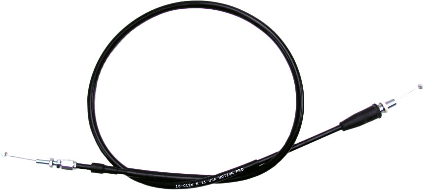 Motion Pro black vinyl throttle cable for motorcycle, featuring durable control lines and a sleek black finish.