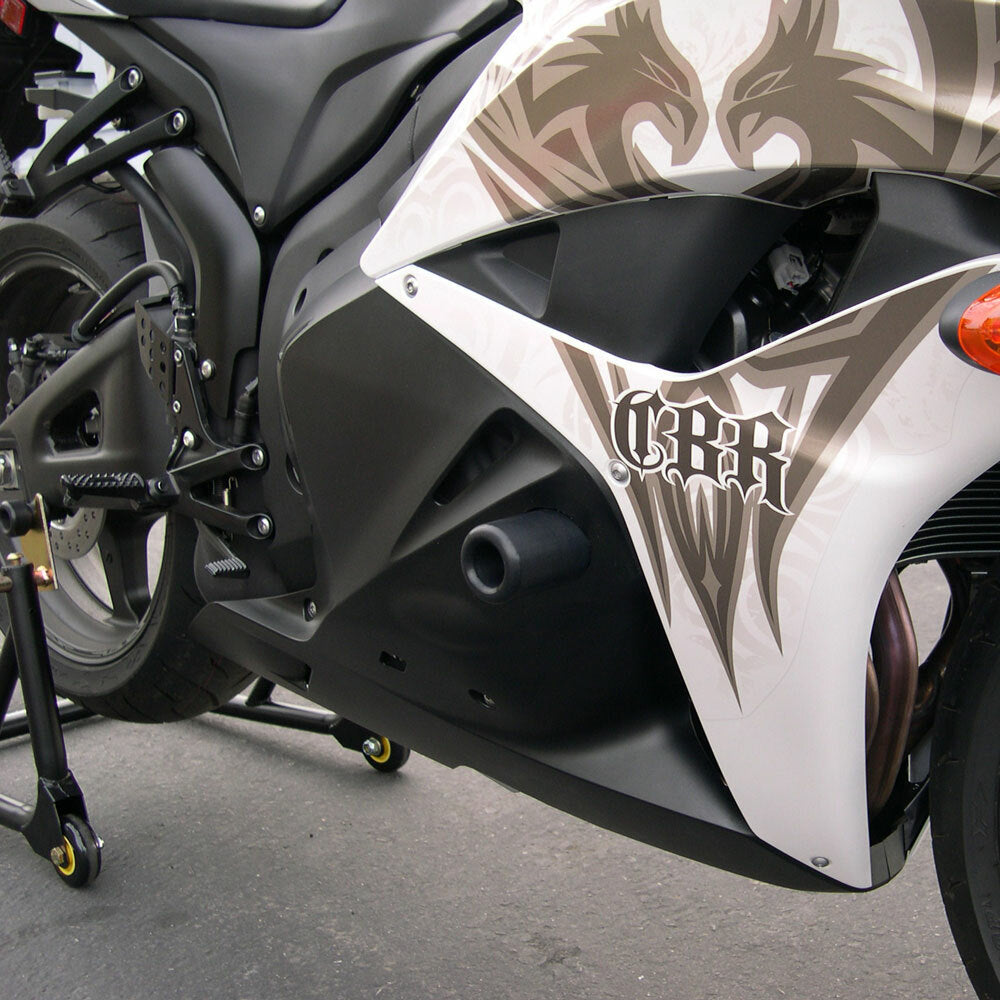Black Shogun Industries frame sliders for motorcycle body protection, with durable mounting hardware.