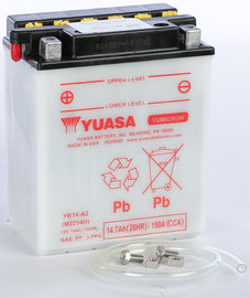 Yuasa Yb14-A2 conventional automotive battery showing terminals and label for vehicle power supply