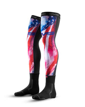Load image into Gallery viewer, EVS Fusion sock and sleeve combo in red, white, and blue for youth, featuring comfortable, protective athletic gear.