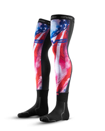 EVS Fusion sock and sleeve combo in red, white, and blue for youth, featuring colorful protective gear design.