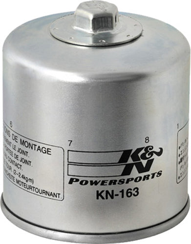 K&N Oil Filter 56-0163 showing a new, black cylindrical oil filter with metal end caps and threaded center for engine oil filtration.