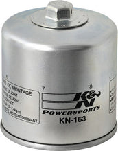 Load image into Gallery viewer, K&amp;N Oil Filter 56-0163 showing a new, black cylindrical oil filter with metal end caps and threaded center for engine oil filtration.