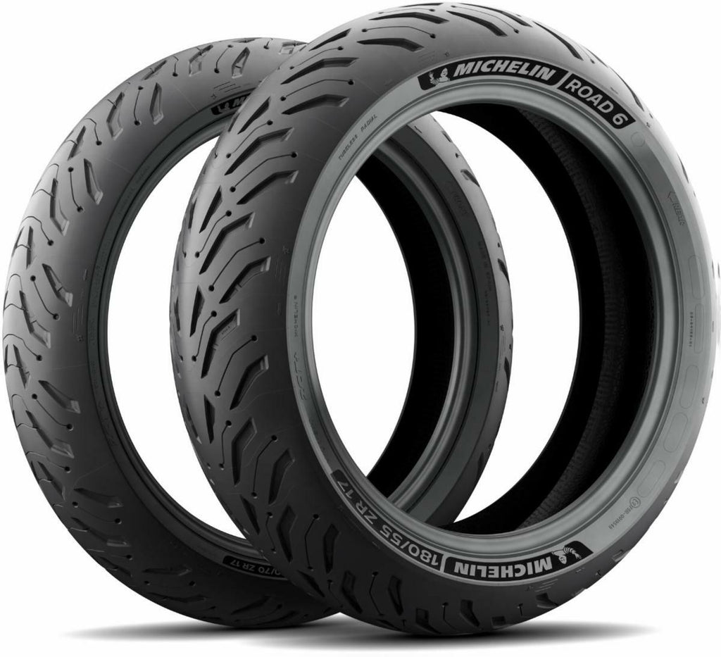 Michelin Road 6 rear motorcycle tire 190/50ZR17 radial tubeless tire with sidewall details and tread pattern visible.