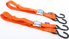 Pair of orange Powertye tie-down cam S-hooks, 1.5-inch by 5.5-foot, used for securing cargo or equipment.