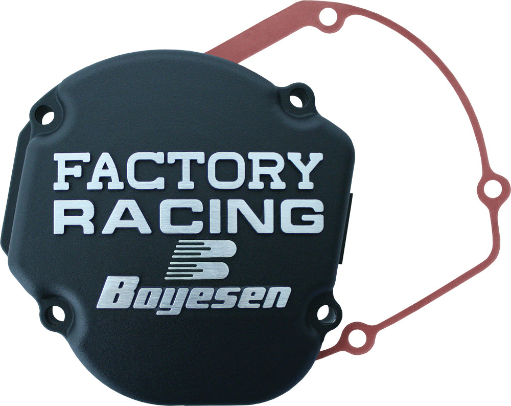 Boyesen Factory Racing Ignition Cover in black, designed for motorcycles, with a sleek, durable finish.