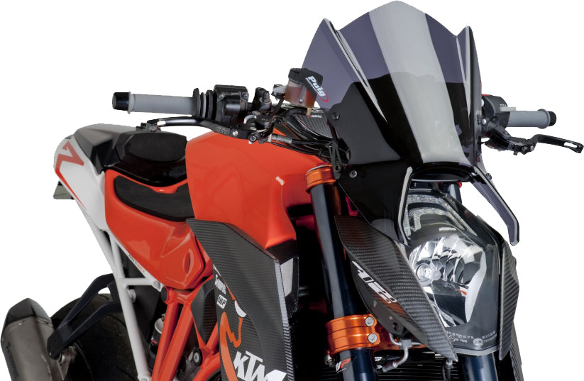 PUIG Naked New Gen Sport dark smoke motorcycle windscreen, aerodynamic windshield for sport bikes, sleek and tinted design.