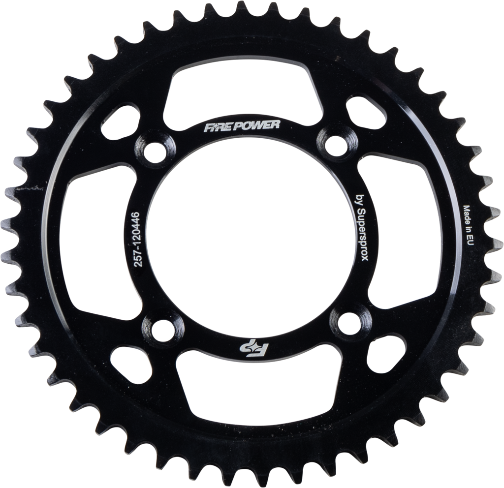 Steel Fire Power 46-tooth rear sprocket for bicycles, black finish, durable metal construction, shown with teeth and mounting holes.