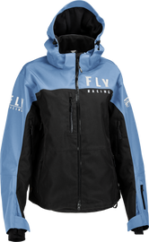 Fly Racing Women's Carbon Jacket in black and blue, displayed on a hanger with front view showing the stylish design and branding.