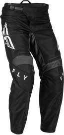 Fly Racing F-16 racing pants in black and white, size 32, shown with padded knee areas and durable textile construction.