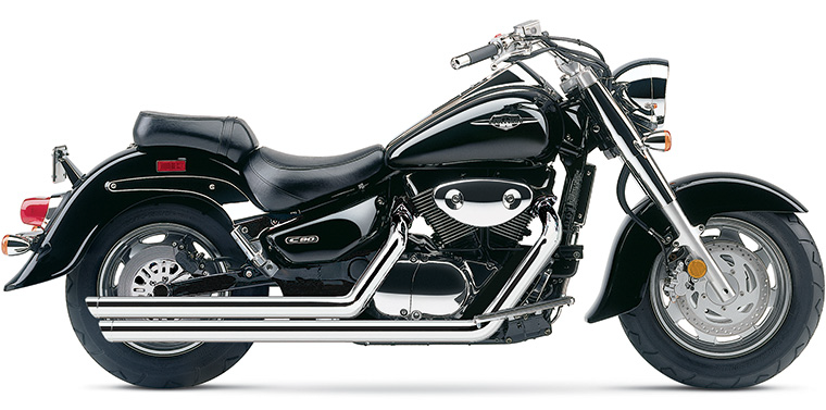 Cobra Speedster Slashdown exhaust for Suzuki Boulevard C90 2005-2009, front view showing chrome finish and exhaust pipe details.