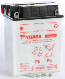 Yuasa Yb14a-A1 conventional 6-volt battery showing terminals and label for automotive or appliance use