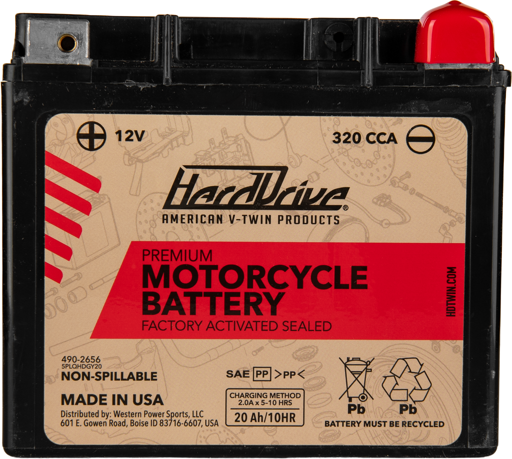 HardDrive Premium GYZ20H/YTX20H battery with 320 CCA, showcasing the durable, high-capacity motorcycle or powersports battery.