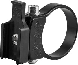 Black AXIA ALLOY hand-held radio mount with sturdy design, shown attached to a radio device in the image.