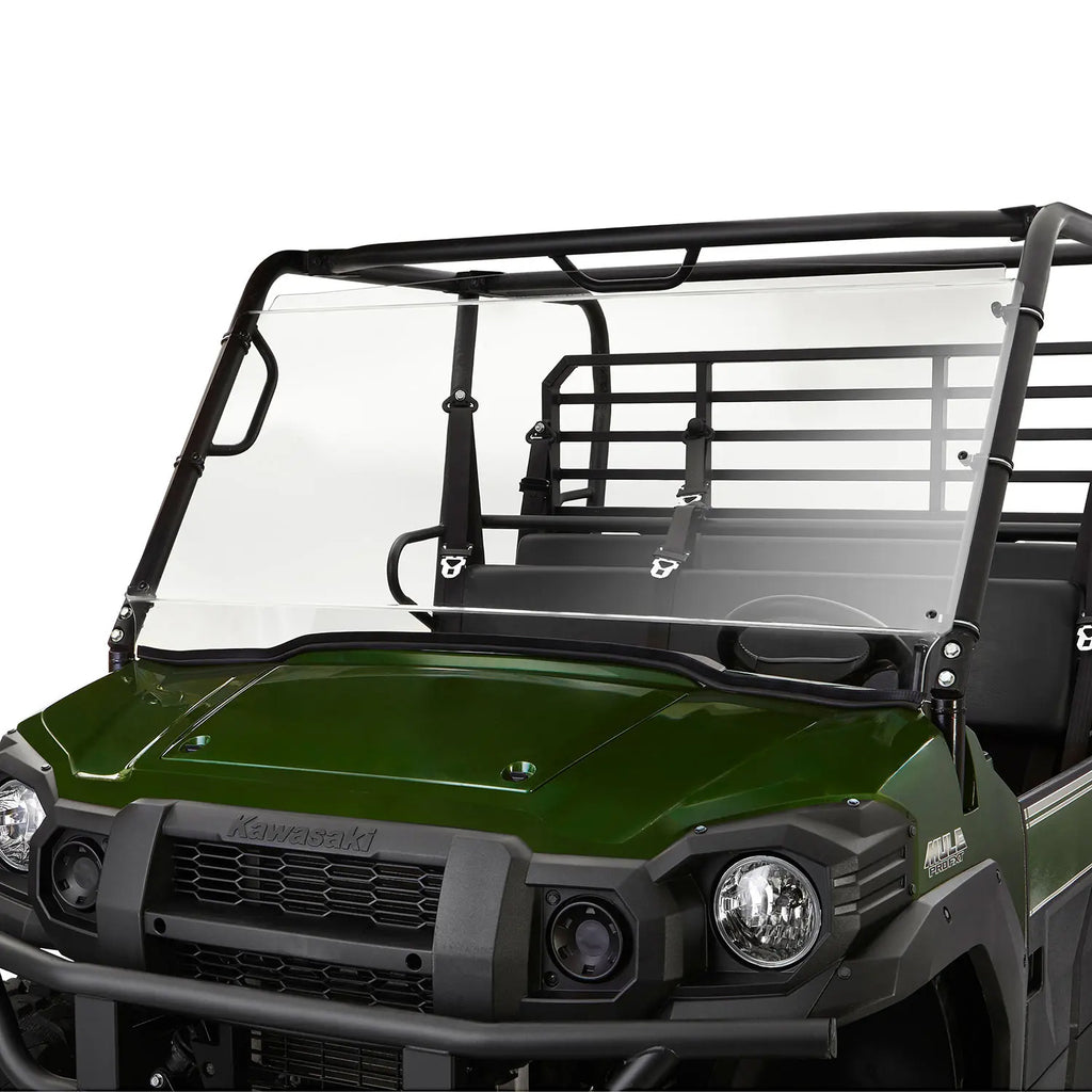 Kolpin full fixed poly front windshield for Kawasaki street motorcycle, providing protection from wind and debris.