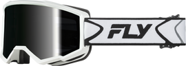 Fly Racing Zone goggle with white and black frame, dark smoke hydrophobic lens, designed for motocross and off-road riding.